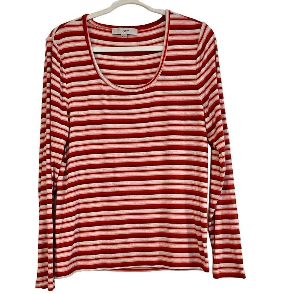 Loft Brown Pink Red Striped Stretch Long Sleeve Top XL